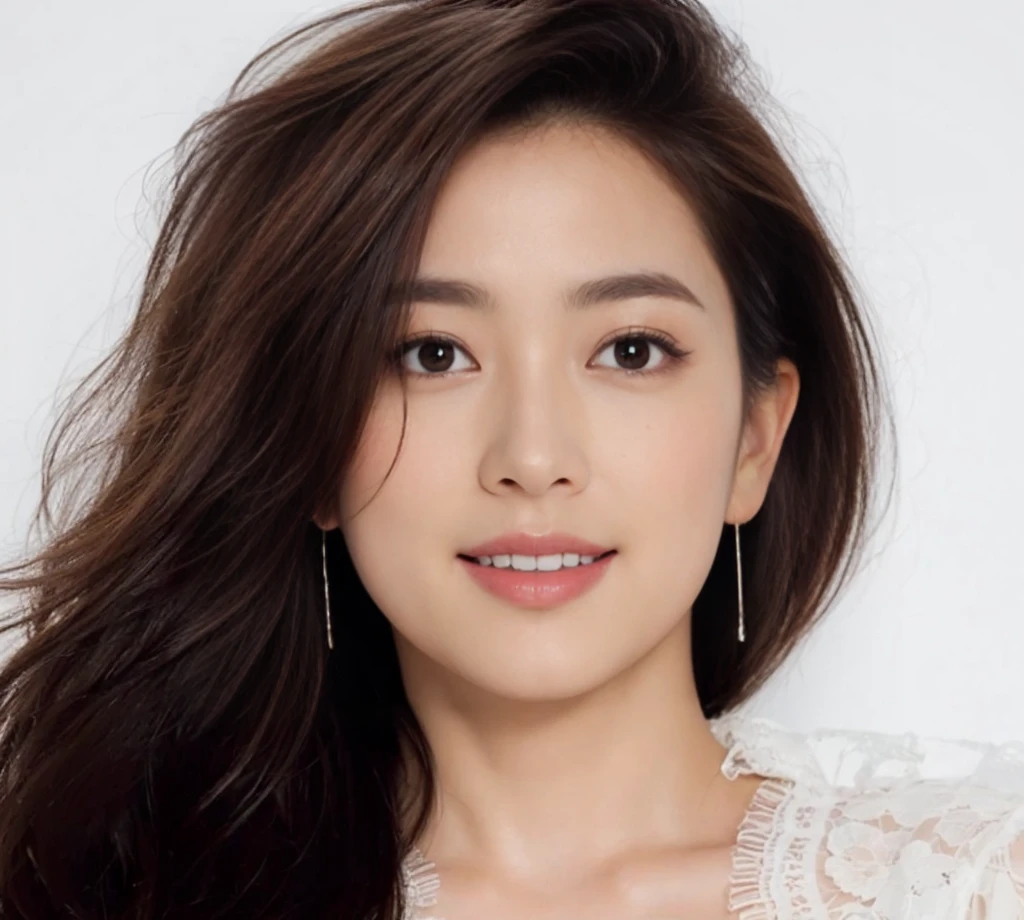 (on the table, best quality, realistically, Super detailed, meticulous, high resolution, 8k wallpaper), Close-up portrait of a beautiful woman, Chariada, smiling, light brown messy hair, Perfect dynamic composition, 美丽meticulous的眼睛, Just like the cover of a fashion magazine, on campus