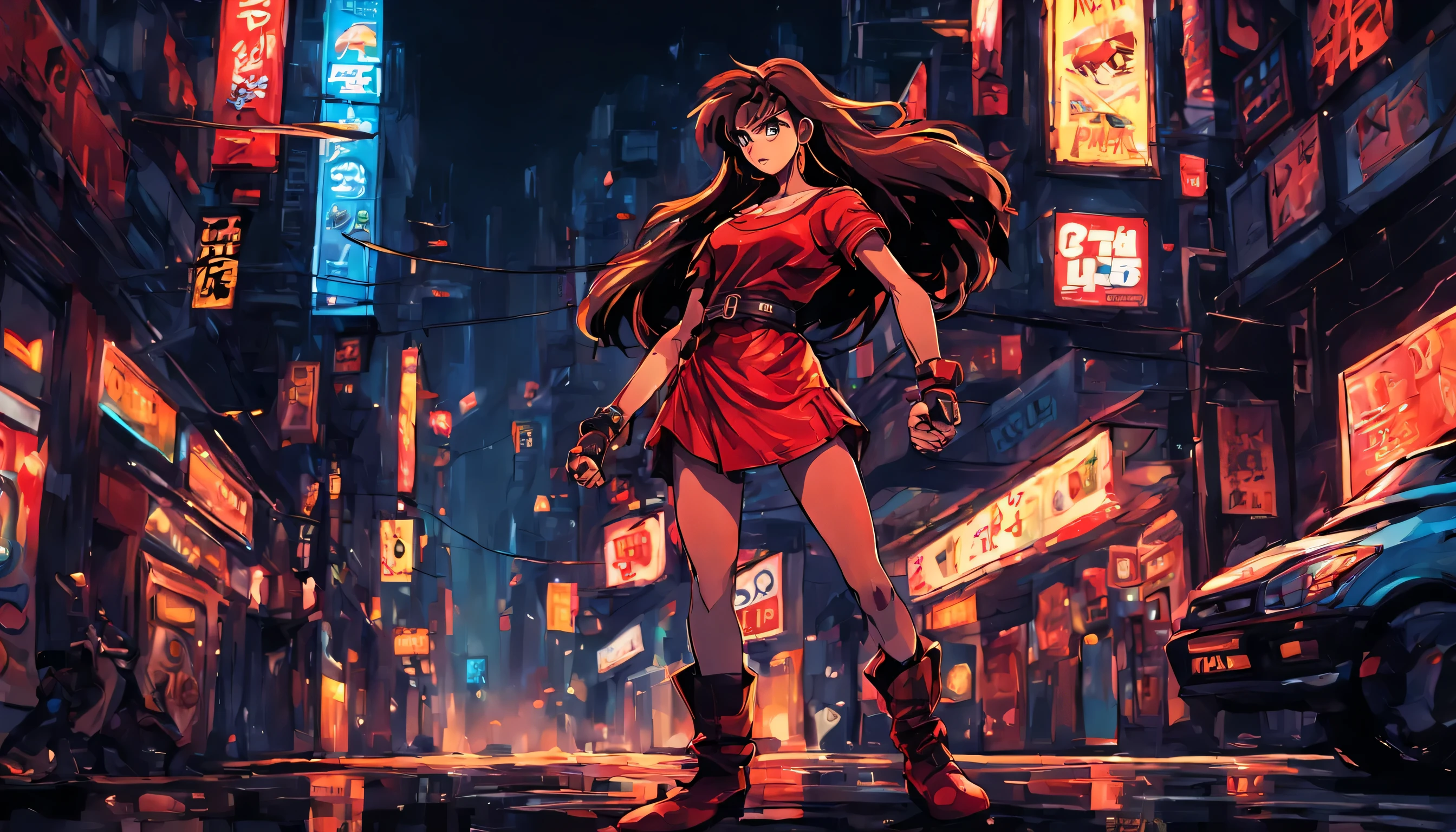Estilo anime 2D, Mulher com cabelo castanho longo, olhos azuis, vestindo top vermelho, minissaia vermelha, cinto pendurado nos quadris, black leather jacket with sleeves rolled up to the elbows, martial arts training glove on hands, botas de couro vermelho, brincos de argola de ouro, personagem muito parecido com Blaze do jogo Sega Genesis "Streets of fury", she is next to a police car in a big city at night, there are advertisements and neon signs, it just rained in the area