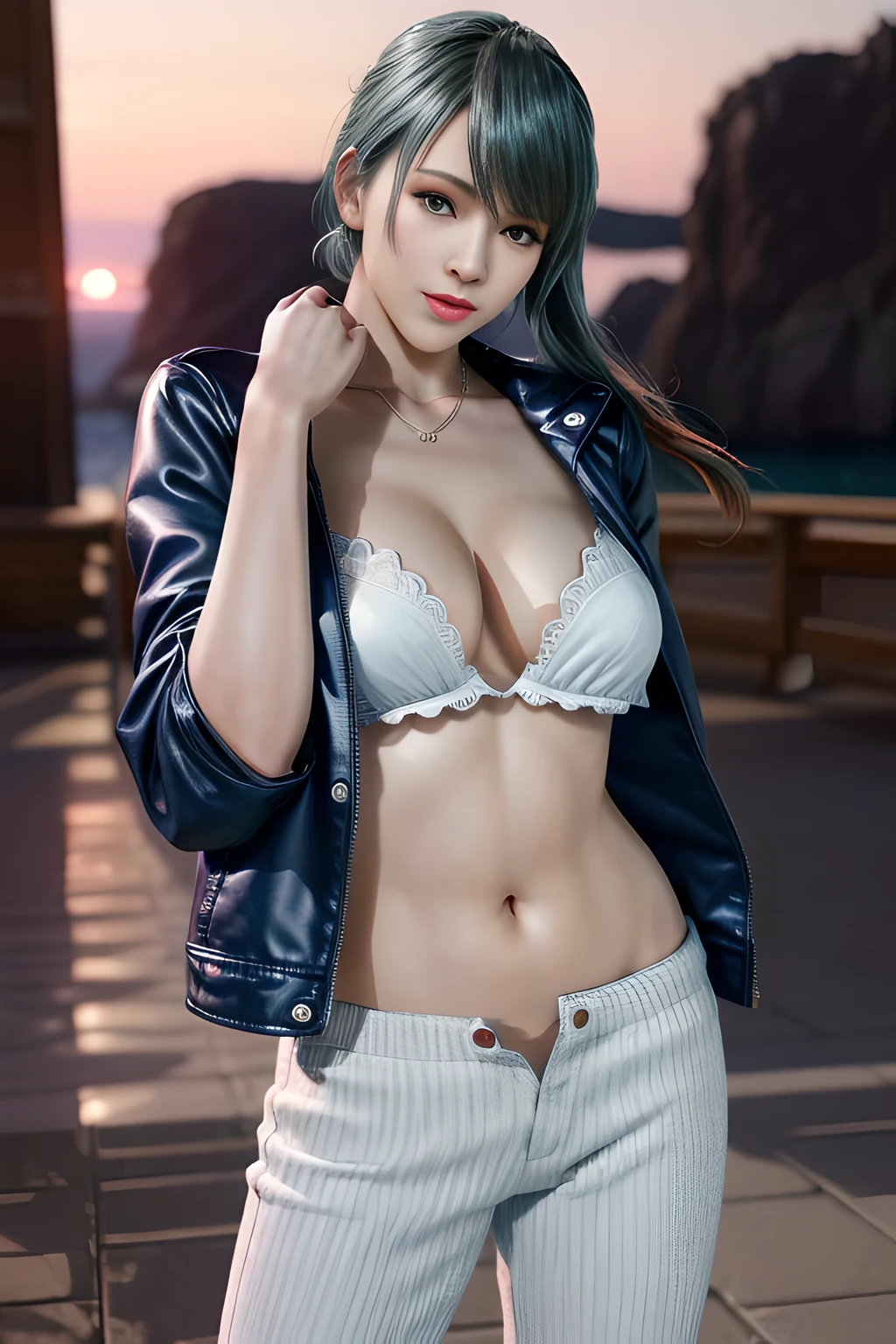 1 girl,Tamaki,(Wear a jacket, casual pants),go shopping,jewelry,Lips slightly open, ful smile, red lips,charming figure,huge brearming cleavage,((inal photo, top quality, masterpiece), HD RAW color photos professional close-up photos), (actual, photorealism: 1.37), (best quality), (best shade), ((erotic, Sexy), ultr resolut, HD CG unified 8K wallpaper, Physically based rendering, movie lighting),