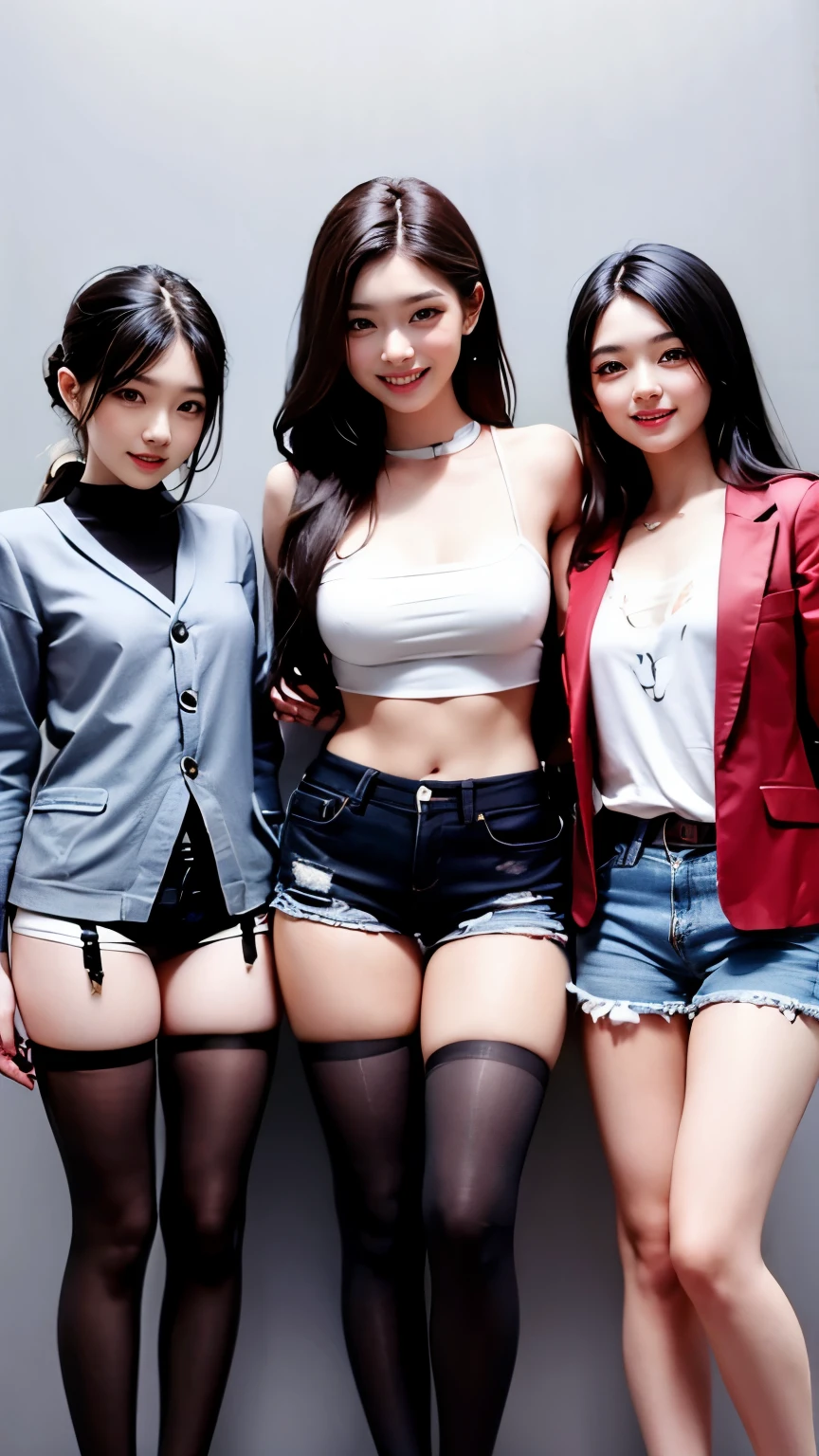 Supermodel、perfect details、Jacket、Three girls stare at the screen、 3 girls、、Thighhighs、beautiful feet、hot pants、smile