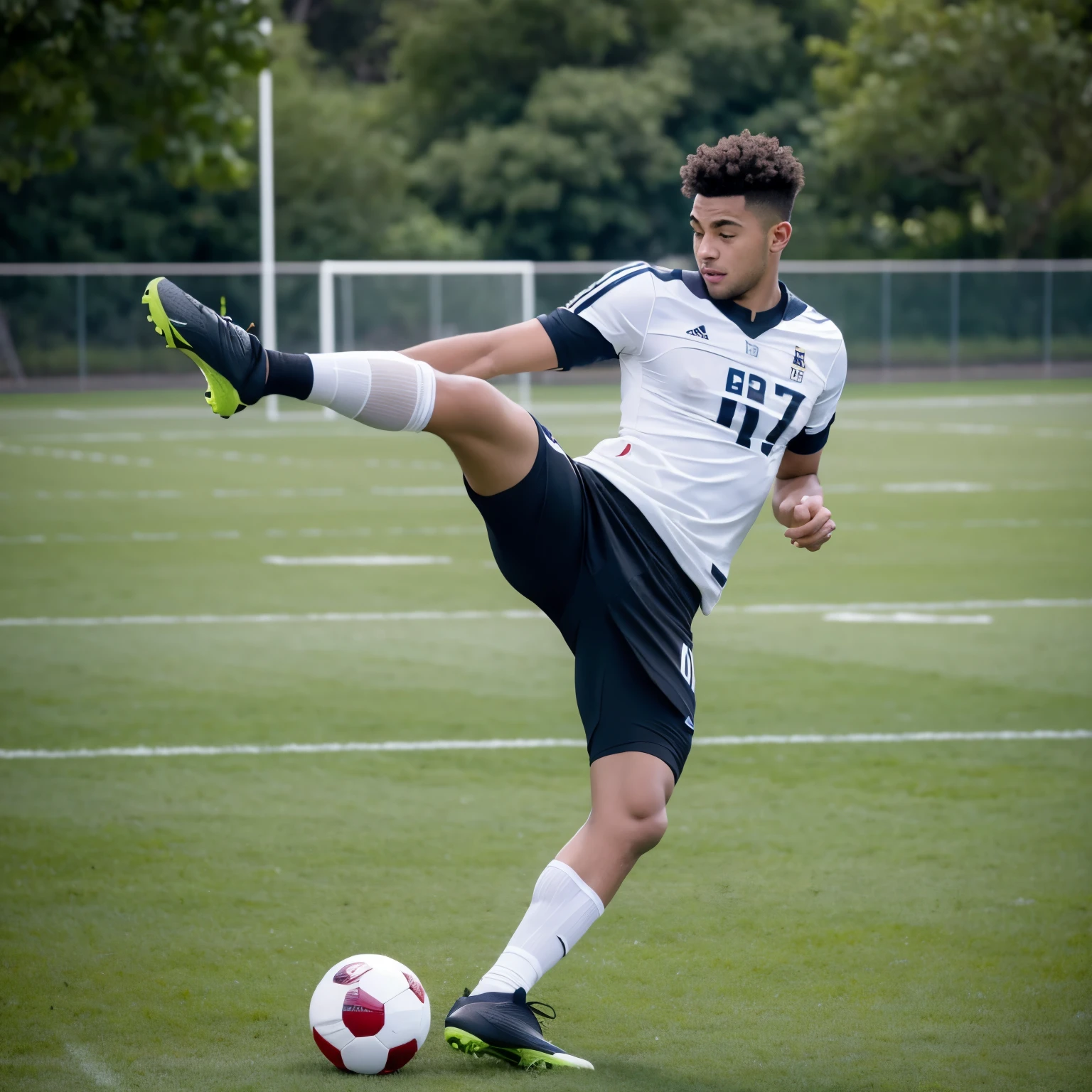 A football player is kicking the ball and shooting,Be positive
