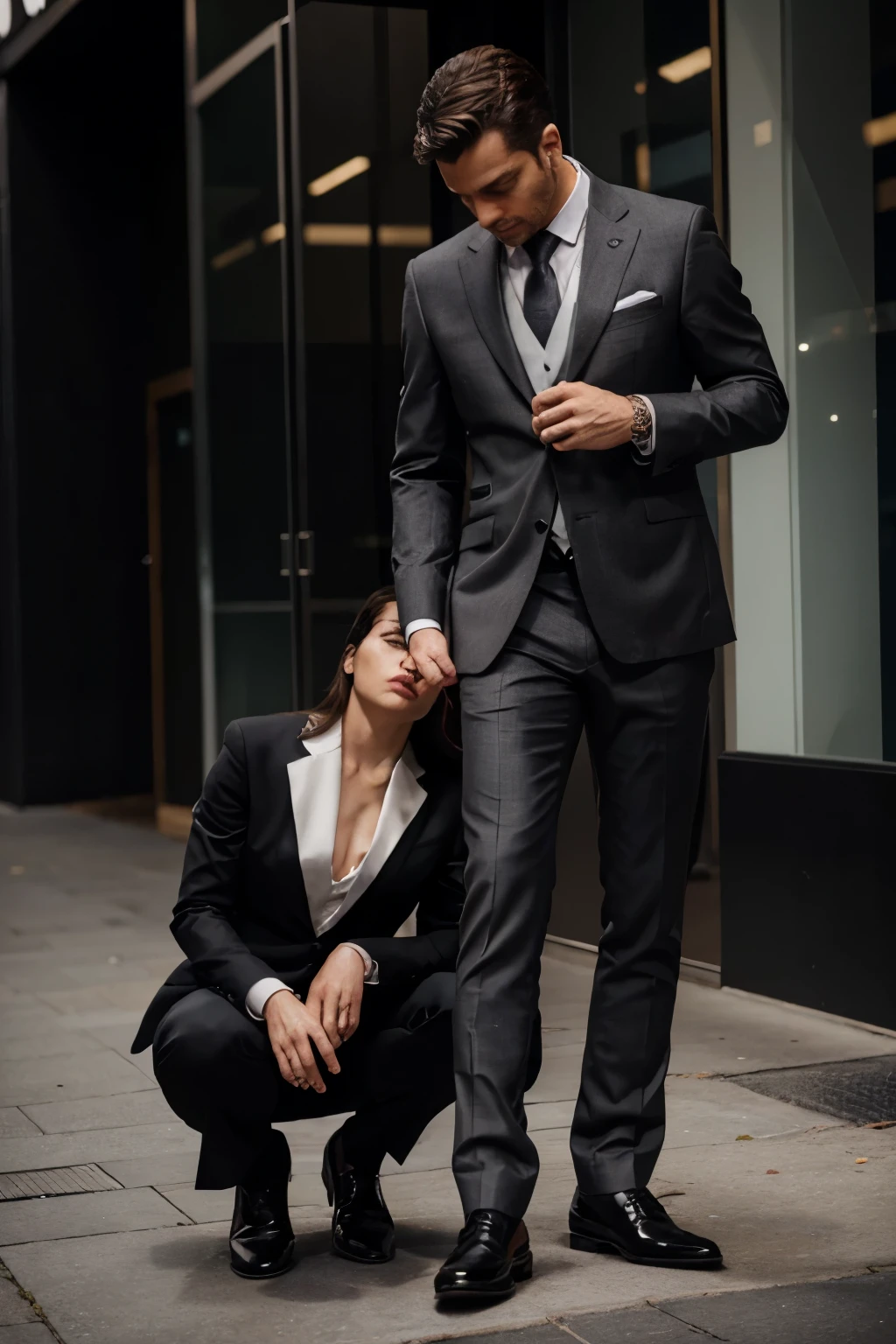 psychological manipulation
ultra-realistic image of a man, full body, wearing a luxurious lead gray suit from a famous designer brand, shiny black shoes, in his hands puppet strings manipulating a woman, full body, with the expression of a lost and aimless, manipulative man.