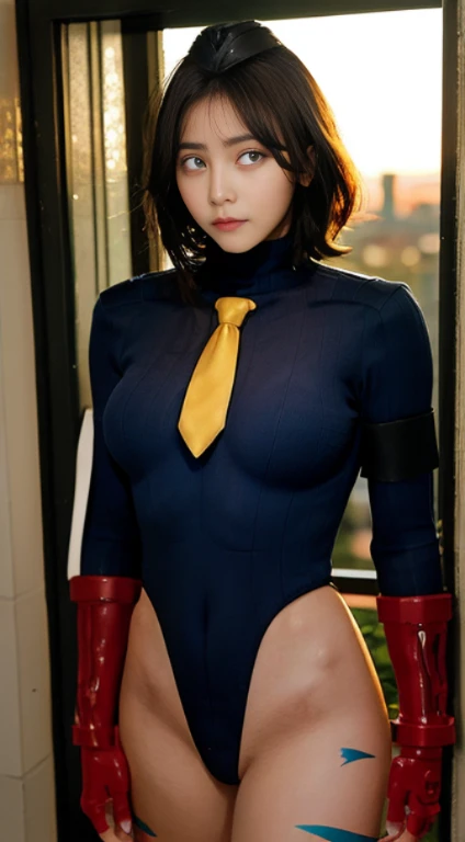 table top, highest quality, figure, super detailed, finely, High resolution, 8k wallpaper, 完璧なダイナミックな構figure, beautiful and fine eyes, tie, High School Uniform, ruffle mini skirt, (Black hair 1.1), very short bob hair, (huge breasts:1.3), cool pose, sneering, School, 18 year old girl, (Cool 1.3), sexy shot looking at camera, sunset, On the windowsill, look sideways, half eyes