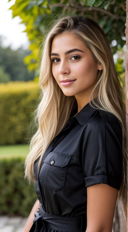 A colombian 23-year-old blonde woman, ((pechos grandes)), ((hiperrealismo)) ,. blonde hair with light brown roots. cabello rubio, Hair with brown roots, cabello extra largo, cabello muy largo, really long hair, Beautiful, Front view, selfie, photo taken with iPhone, elegant black shirt with escote, escotada, selfie in the garden, high quality, selfie iPhone, cleavage