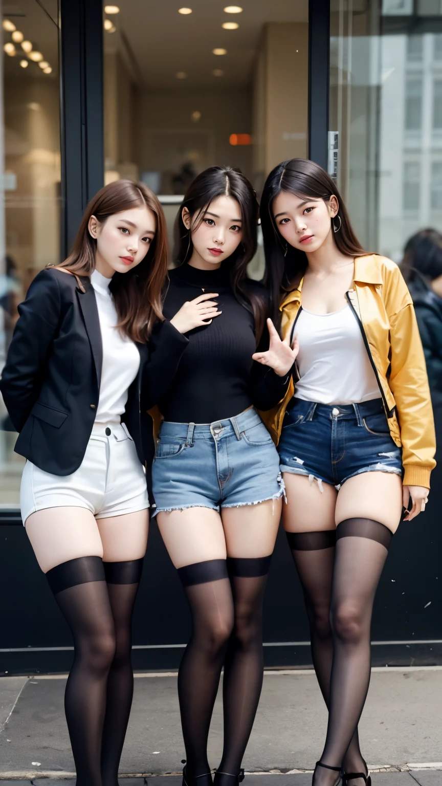 Supermodel、perfect details、Jacket、Three girls stare at the screen、　3 girls、、Thighhighs、beautiful feet、hot pants