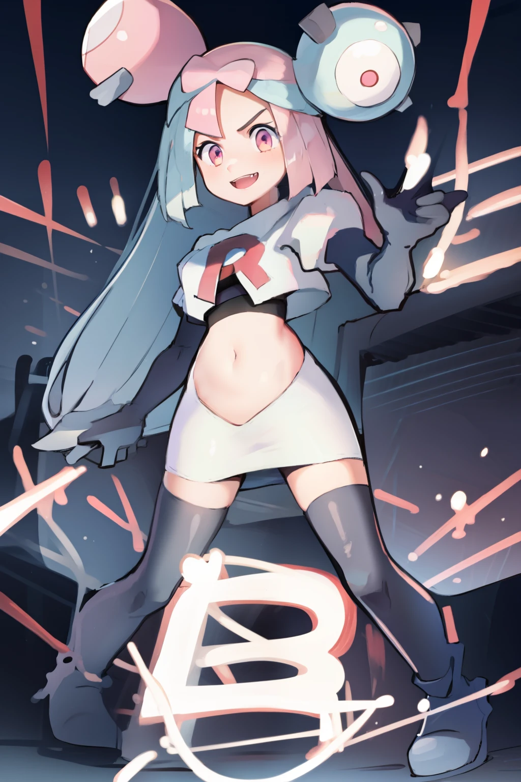 iono,1 girl,pink eyes,solo,smile,open mouth,fangs ,team rocket,team rocket uniform,white skirt,red letter R,crop top,black thigh-highs,black elbow gloves,