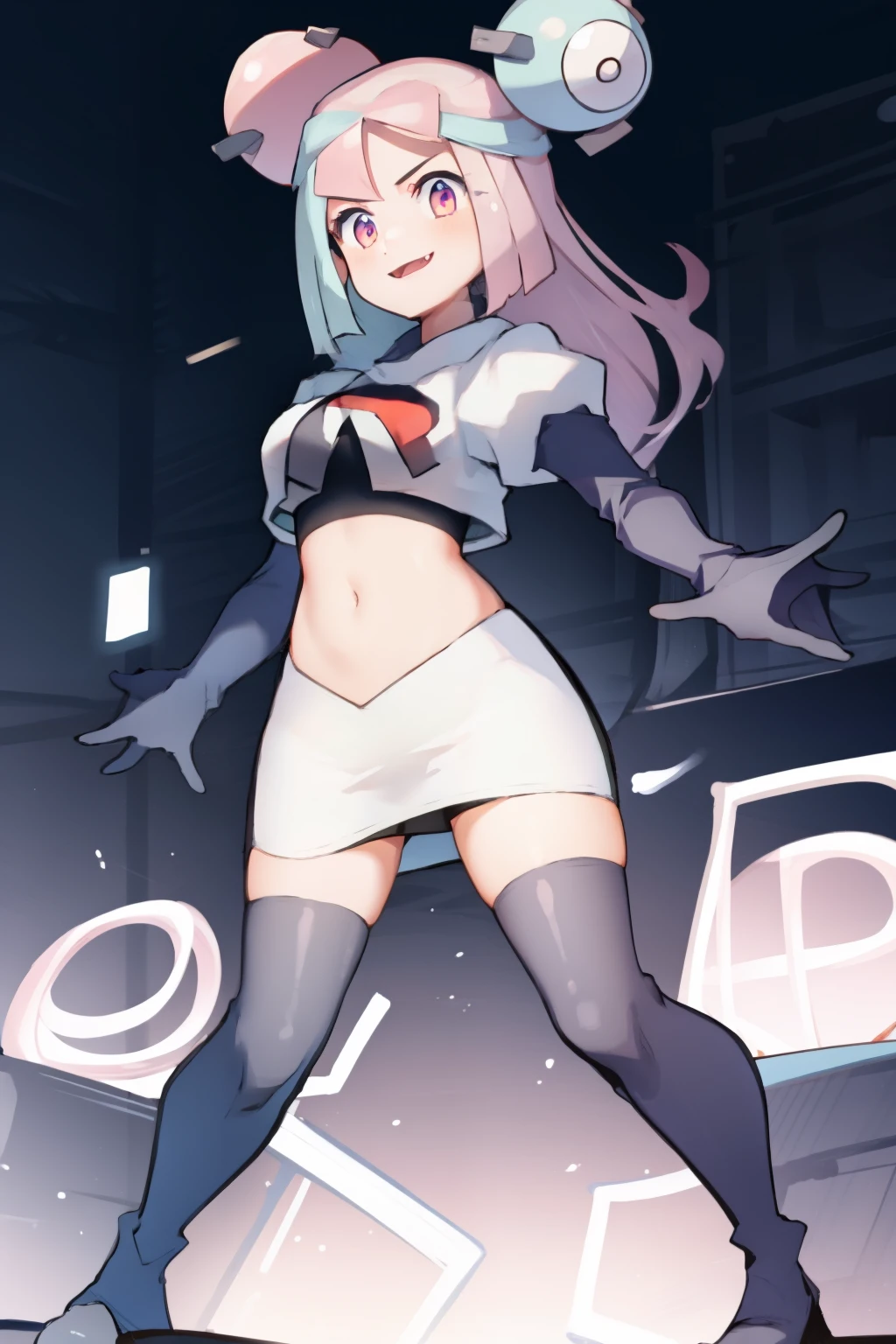 iono,1 girl,pink eyes,solo,smile,open mouth,fangs ,team rocket,team rocket uniform,white skirt,red letter R,crop top,black thigh-highs,black elbow gloves,