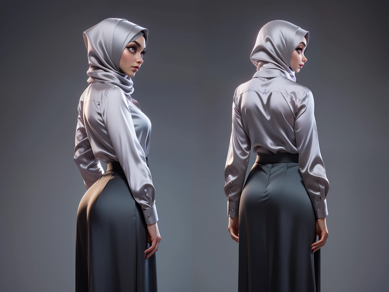 Character design sheet, (Masterpiece, best quality) detailed, ((a woman, beautifully makeup, eyeshadow, beautiful big eyes, long eye lashes, wearing (Taupe satin hijab), ((gray satin shirt)), satin long maxi skirt)), photography, detailed skin, realistic, photo-realistic, 8k, highly detailed, High detail RAW color art, diffused soft lighting, shallow depth of field, sharp focus, hyperrealism, cinematic lighting, yokai illustration style, Aztec art, full of details, (((front view, side view and back views)))