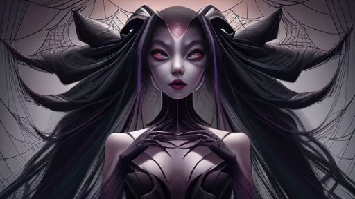 Create an AI-generated image that represents Jorogumo in her spider-headed woman hybrid form, perhaps capturing prey in her webs. Make sure to include elements that highlight her metamorphosis ability and the mysterious aura that surrounds this youkai.