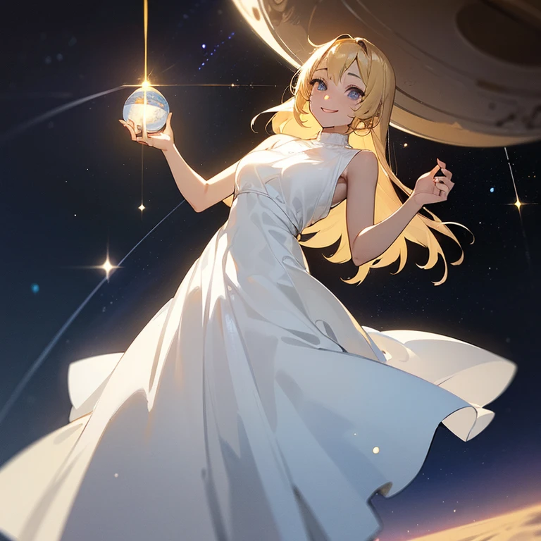 (((Alone woman))),(((Light skin))),(((golden hair))),(((blue-gray eyes))),(body with slight curves),(((sweet smile))) ,(((beautiful white long dress))),(((being in outer space)))