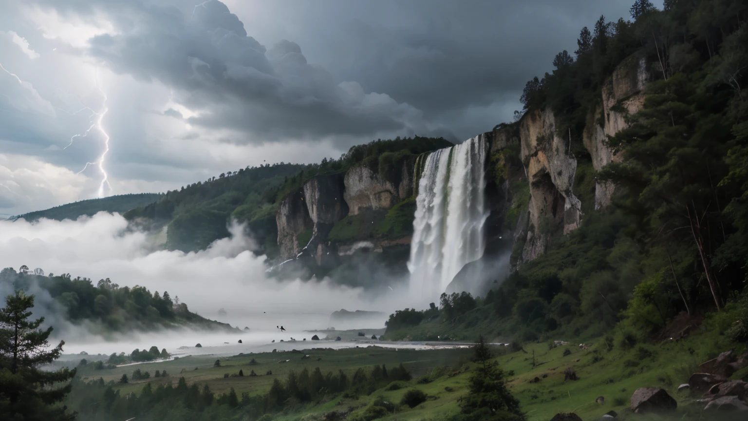 a big waterfall and heavy rain in the forest with fog, Overcast sky with lightning and thunder