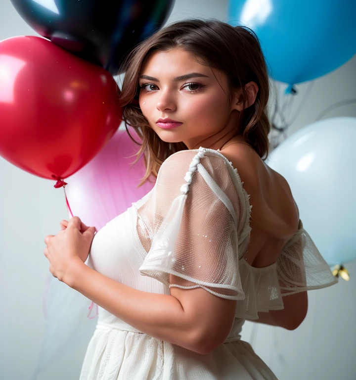 araffe woman in a white dress holding a bunch of ballons, holding a ballon, ballons, Baloons, ballon, party ballons, Anna Nikonova alias Newmilky, photographie de mannequin, photo de portrait de mode, séance photo de mode haut de gamme, portrait de photographie de mode, Jeune femme de 20 ans, Photographie éditoriale, magnifique jeune mannequin, par Anthony Devas