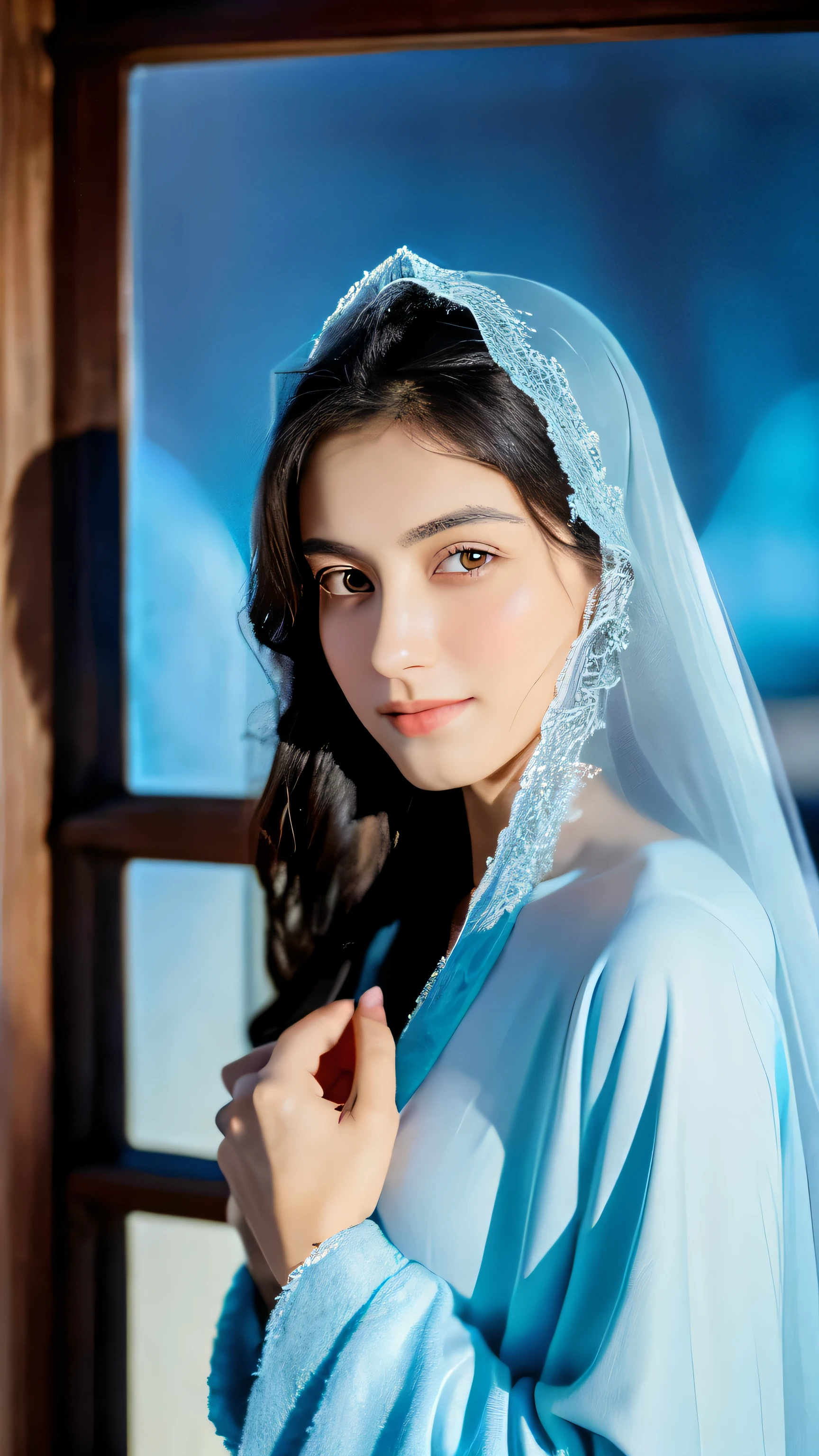 A close up of a woman wearing a blue robe and a veil - SeaArt AI
