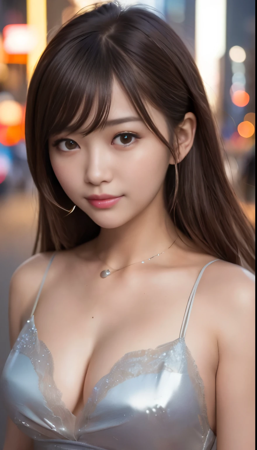 (8K、RAW photo、highest quality、masterpiece:1.2)、(real、photorealistic:1.37)、1 girl、Japanese、25 years old、woman、details face、detailed lip、Details、More skin、double eyelid、perfect body、shiny skin、look at the camera、beautiful night view of the city、cleavage、smile、light brown hair、short bob