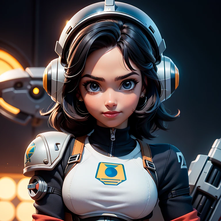 Jovencita, armadura, Science fiction, aventurera, pistola, falda corta, sexy, brazo de robot, cabello largo, sonriendo, cabello negro, galactic setting.