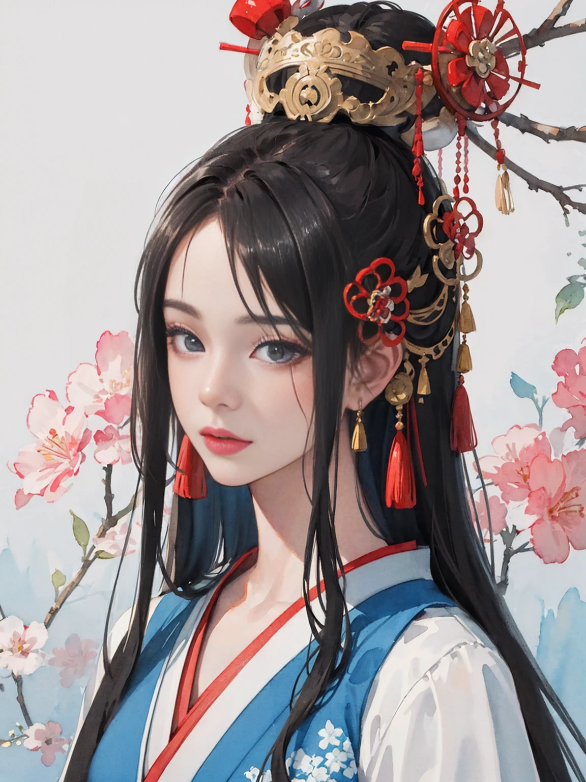 (master piece:1.2,best quality),(highly detailed face,real photos,realistic skin,realistic body,intricate details),solo,1 girl,traditional japanese costume,(watercolor:1.3),Oiran,