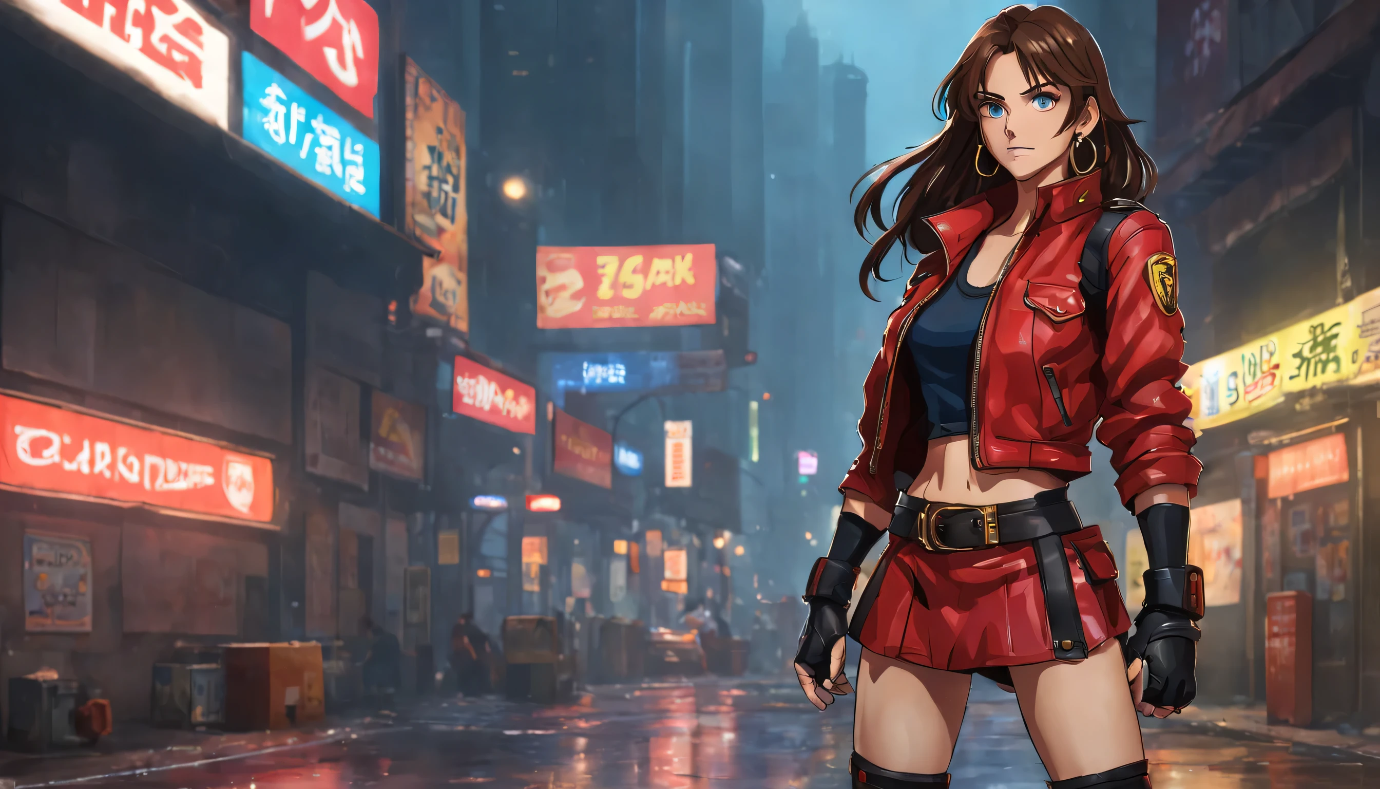 Estilo anime 2D, Mulher com cabelo castanho longo, olhos azuis, vestindo top vermelho, minissaia vermelha, cinto pendurado nos quadris, black leather jacket with sleeves rolled up to the elbows, martial arts training glove on hands, botas de couro vermelho, brincos de argola de ouro, personagem muito parecido com Blaze do jogo Sega Genesis "Streets of fury", she is next to a police car in a big city at night, there are advertisements and neon signs, it just rained in the area