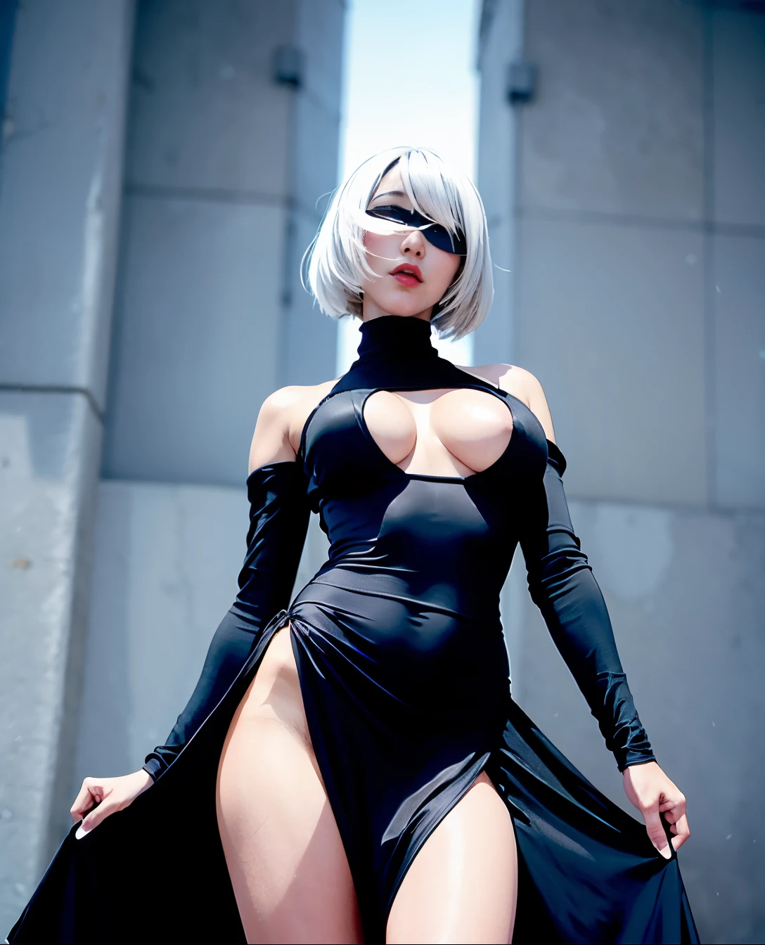 masutepiece, 最高の画質、映画のライティング、Best Quality,photo realistic, 2b,yorha,Height 170cm、Slimed、yorha、 2b、solo lady、japanes、25-years old、cleavage of the breast、cleavage of the breast切り抜き、Clothes Cutout、gray background、hair between eye、shairband、Hi-Res、juliet sleeves、long-sleeve、Nier(Series)、Nier Automata、Puffy Sleeve、red-lips、Shaded face、short-hair、turtle neck、full body、white  hair、天空、full body、is standing、Angle from below、slim figure、Silky skin、Black Eye Mask:2.0、skirt by the、knee high、sea side:2.0,f-cup,slim legs:2.0