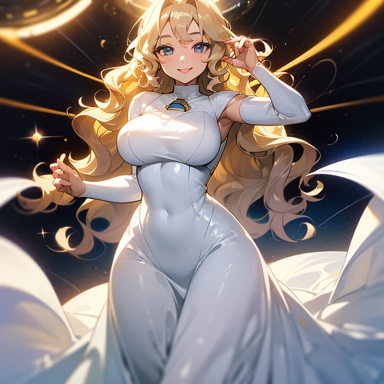 (((Alone woman))),(((Light skin))),(((Wavy golden hair))),(((blue-gray eyes))),(body curves),(((sweet smile))) ,(((beautiful white long dress))),(((being in outer space)))