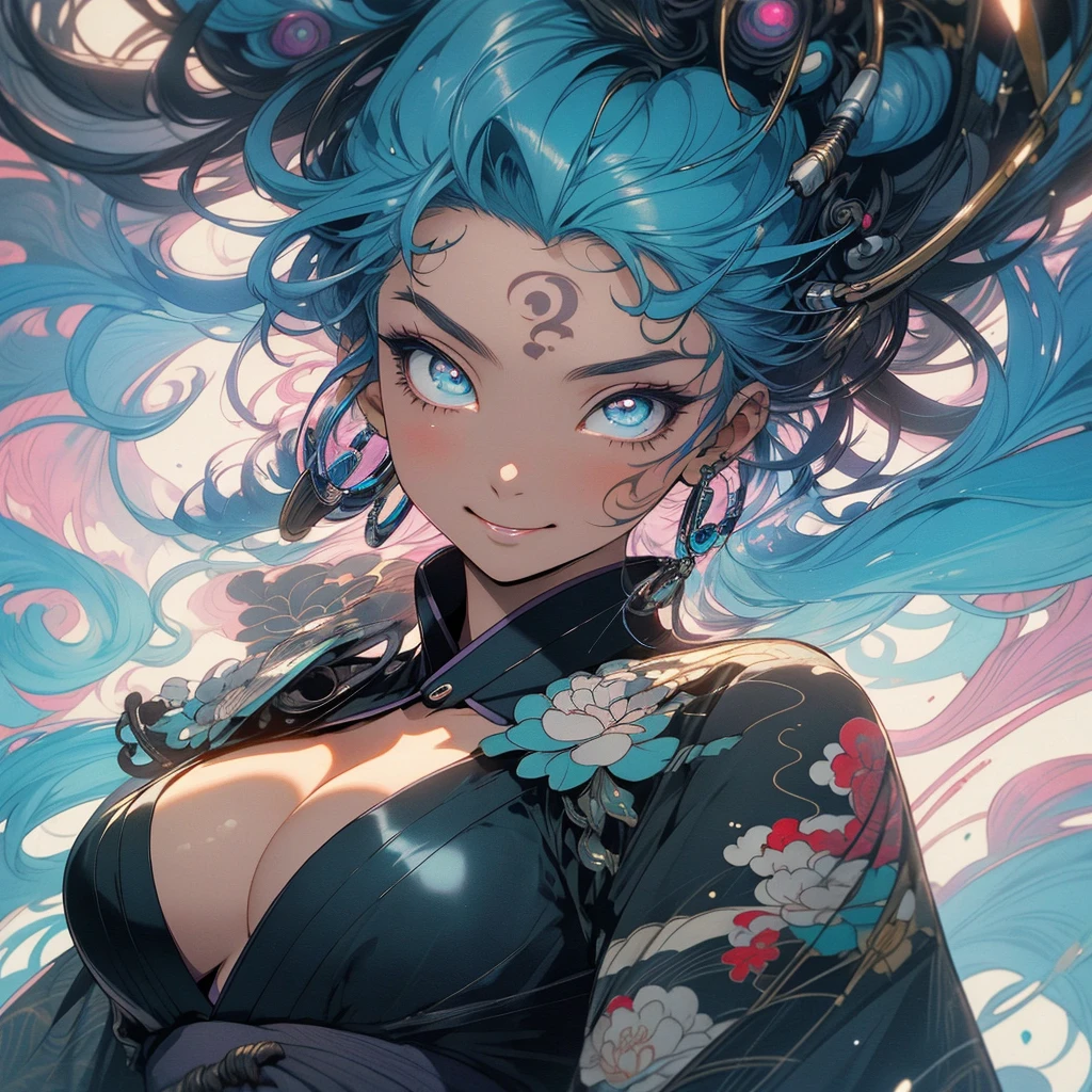 (((highest quality))),(((detailed eyes))),(((32k))),(1 girl),beautiful hair,(tattoo),(cyber punk),kimono,((Luxurious and gorgeous)),Shiny skin,earrings,flashy,((Super beautiful woman)),(perfect face),Japanese sword,ultimate texture,official art,Ukiyo-e,stylish,photograph,perfect body,smile,Bewitching,Highest image quality,distinct,real,fantasy,(Near the future),ninja,((perfect eyes)),big breasts,((cleavage)),highlight,挑発的なsmile,stick out tongue,split tongue,((mechanical)),