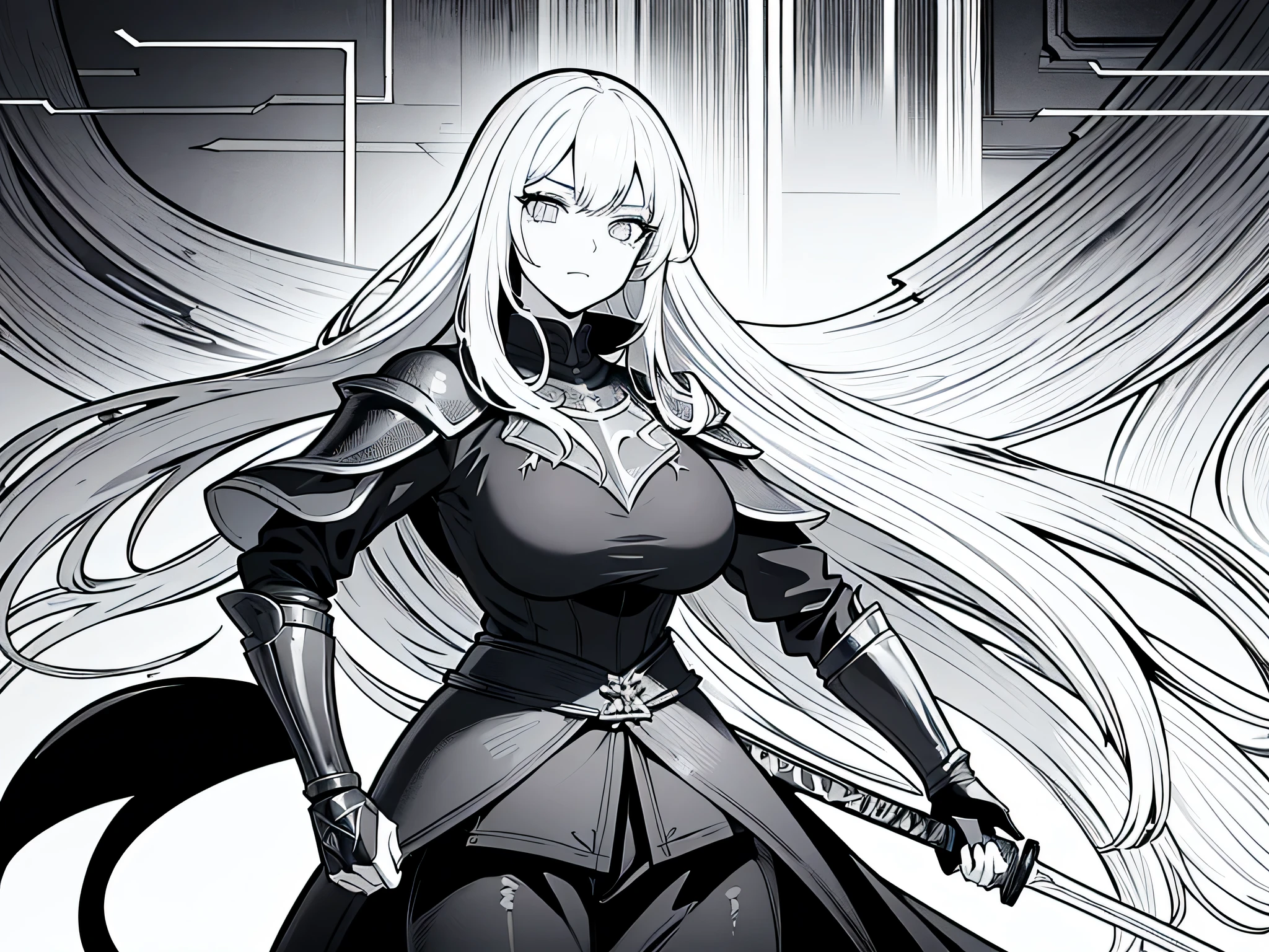 1 woman knight, long black hair, wearing black knight outfit, big breast, long black pants, holding a sword with two hands, the background is medieval era city, close up illustration, detailed face, grey eye color, beautiful eyes finely detailed, reasonable design, Clear lines, (lineart, monochrome)