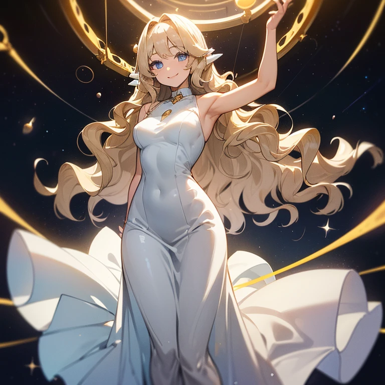 (((Alone woman))),(((Light skin))),(((Wavy golden hair))),(((blue-gray eyes))),(body curves),(((sweet smile))) ,(((beautiful white long dress))),(((being in outer space)))