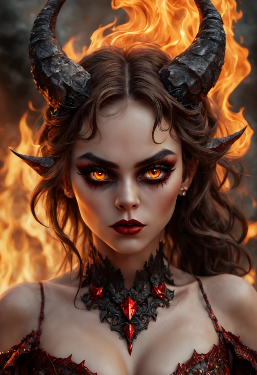 (demon girl,badass demon,beautiful detailed eyes,beautiful detailed lips,extremely detailed eyes and face,longeyelashes),(succubus in dress),(fire and stone),(best quality,4k,8k,highres,masterpiece:1.2),(realistic,photorealistic,photo-realistic:1.37),(portrait),(vivid colors),(warm tones),(soft lighting)