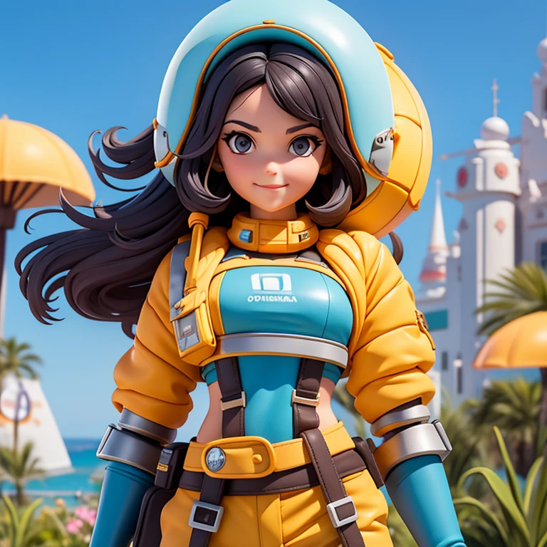 Jovencita, armadura, Science fiction, aventurera, pistola, falda corta, sexy, brazo de robot, cabello largo, sonriendo, cabello negro, galactic setting.