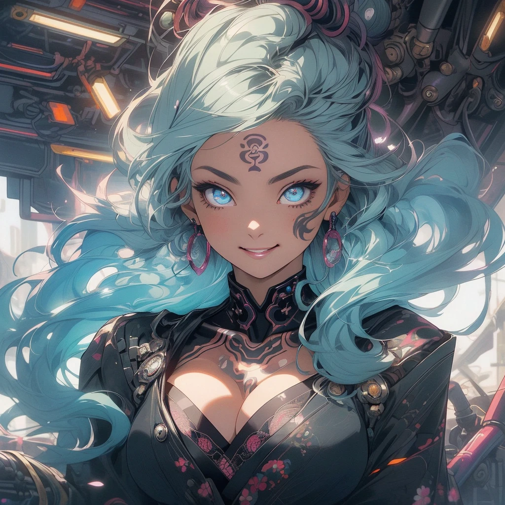 (((highest quality))),(((detailed eyes))),(((32k))),(1 girl),beautiful hair,(tattoo),(cyber punk),kimono,((Luxurious and gorgeous)),Shiny skin,earrings,flashy,((Super beautiful woman)),(perfect face),Japanese sword,ultimate texture,official art,Ukiyo-e,stylish,photograph,perfect body,smile,Bewitching,Highest image quality,distinct,real,fantasy,(Near the future),ninja,((perfect eyes)),big breasts,((cleavage)),highlight,挑発的なsmile,stick out tongue,split tongue,((mechanical)),