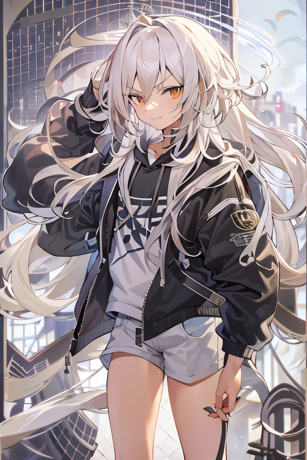 1man, mid shot, best detailed girl, looking back, Perfect body, woman, 20 years old, messy white long hair, flipped hair, shiny platinum blonde hair, floating hair, huge ahoge, smirk, v-shaped eyebrows, golden pupil, medium chest circumference, bright skin, oversized clothes, hoodie, short shorts, sandals, black Clothes, masterpiece, best masterpiece,