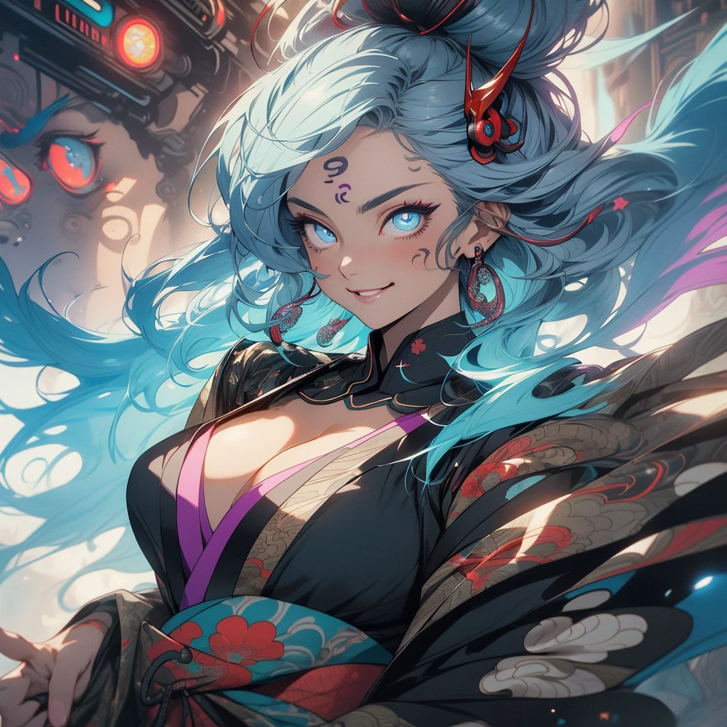 (((highest quality))),(((detailed eyes))),(((32k))),(1 girl),beautiful hair,(tattoo),(cyber punk),kimono,((Luxurious and gorgeous)),Shiny skin,earrings,flashy,((Super beautiful woman)),(perfect face),Japanese sword,ultimate texture,official art,Ukiyo-e,stylish,photograph,perfect body,smile,Bewitching,Highest image quality,distinct,real,fantasy,(Near the future),ninja,((perfect eyes)),big breasts,((cleavage)),highlight,挑発的なsmile,stick out tongue,split tongue,((mechanical)),Hannya mask,
