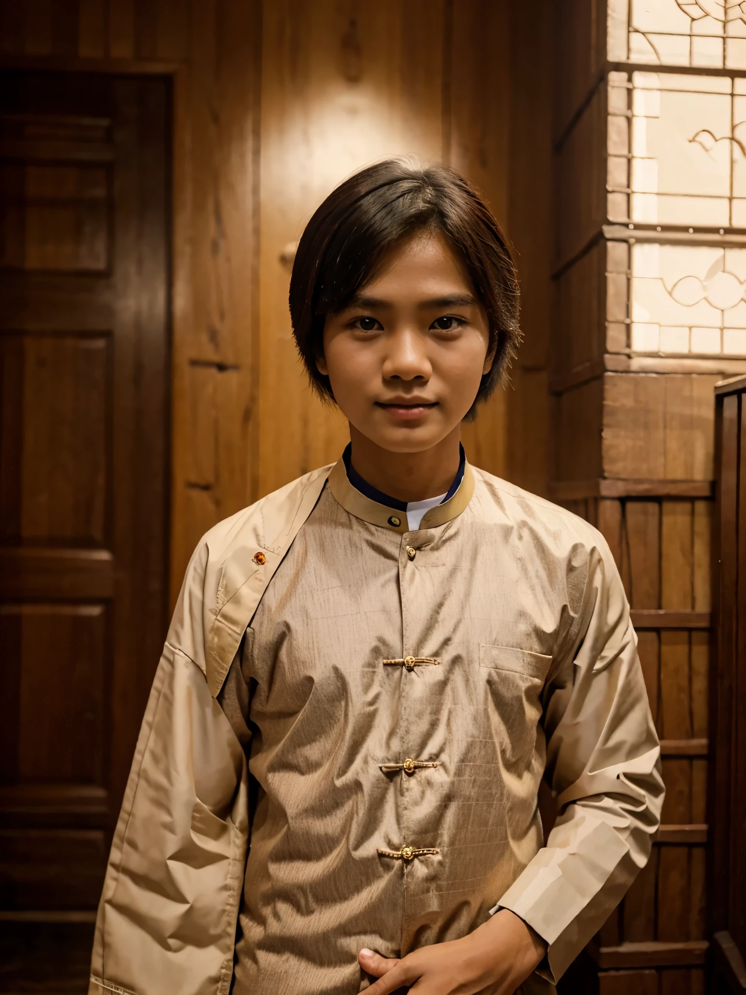 Portrait Myanmar boy who wearing mandarin collar shirt & longyi with the background of beautiful Myanmar ladies.