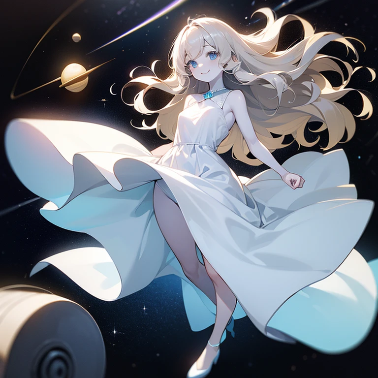 (((Alone woman))),(((White skin))),(((Wavy golden hair))),(((blue-gray eyes))),(body curves),(((sweet smile))) ,(((beautiful white long dress))),(((being in outer space)))