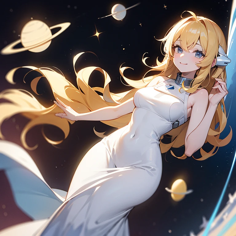(((Alone woman))),(((White skin))),(((Wavy golden hair))),(((blue-gray eyes))),(body curves),(((sweet smile))) ,(((beautiful white long dress))),(((being in outer space)))