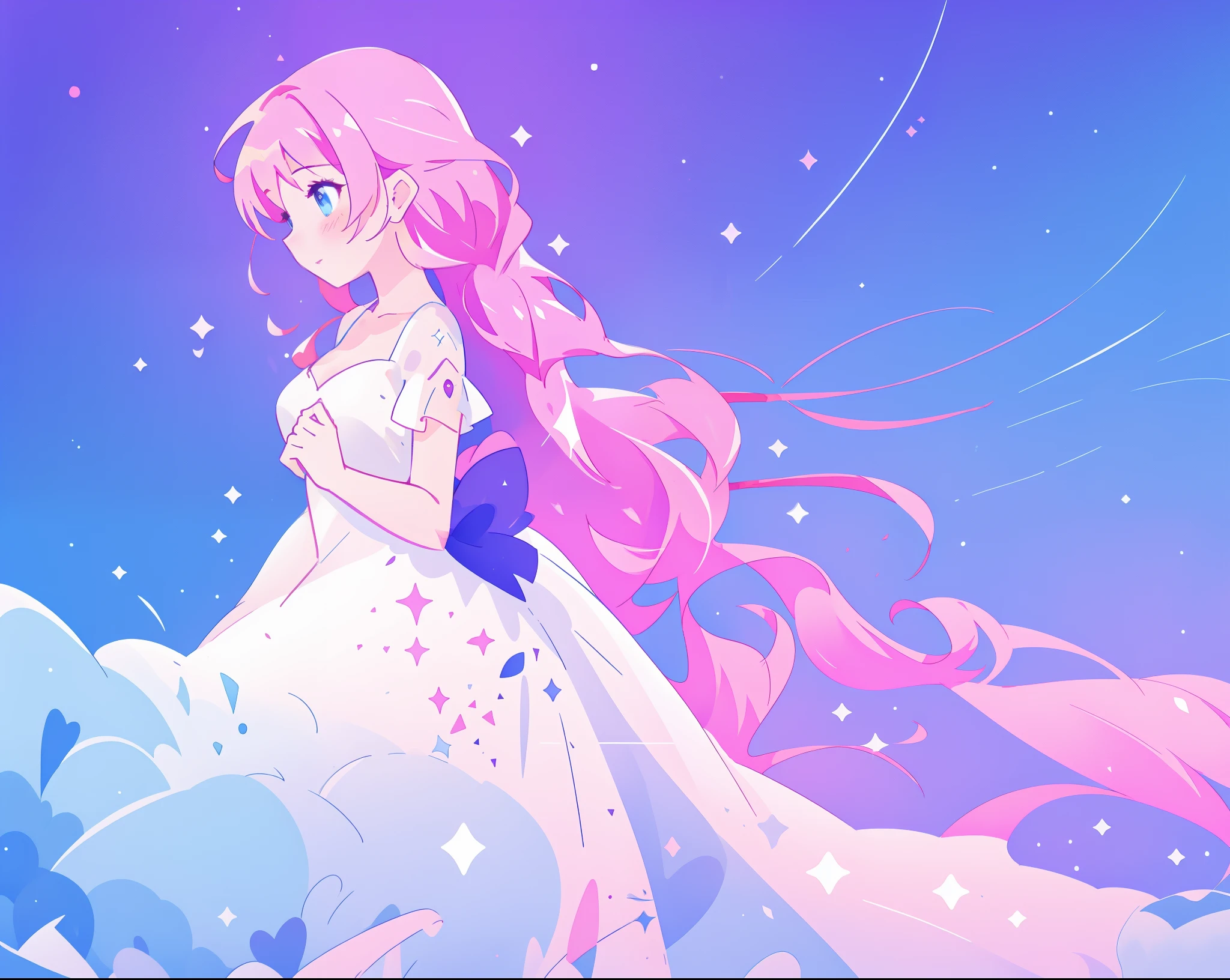 beautiful girl in sparkling multi-layer dress, long sparkling pink hair, fantasia background, watercolor illustration, inspired by Glen Keane, inspired by Lois van Baarle, disney art style, by Lois van Baarle, glowing aura around her, by Glen Keane, jen bartel, glowing lights! digital painting, flowing glowing hair, glowing flowing hair, beautiful digital illustration, fantasia otherworldly landscape plants flowers, beautiful, masterpiece, best quality, anime disney style
