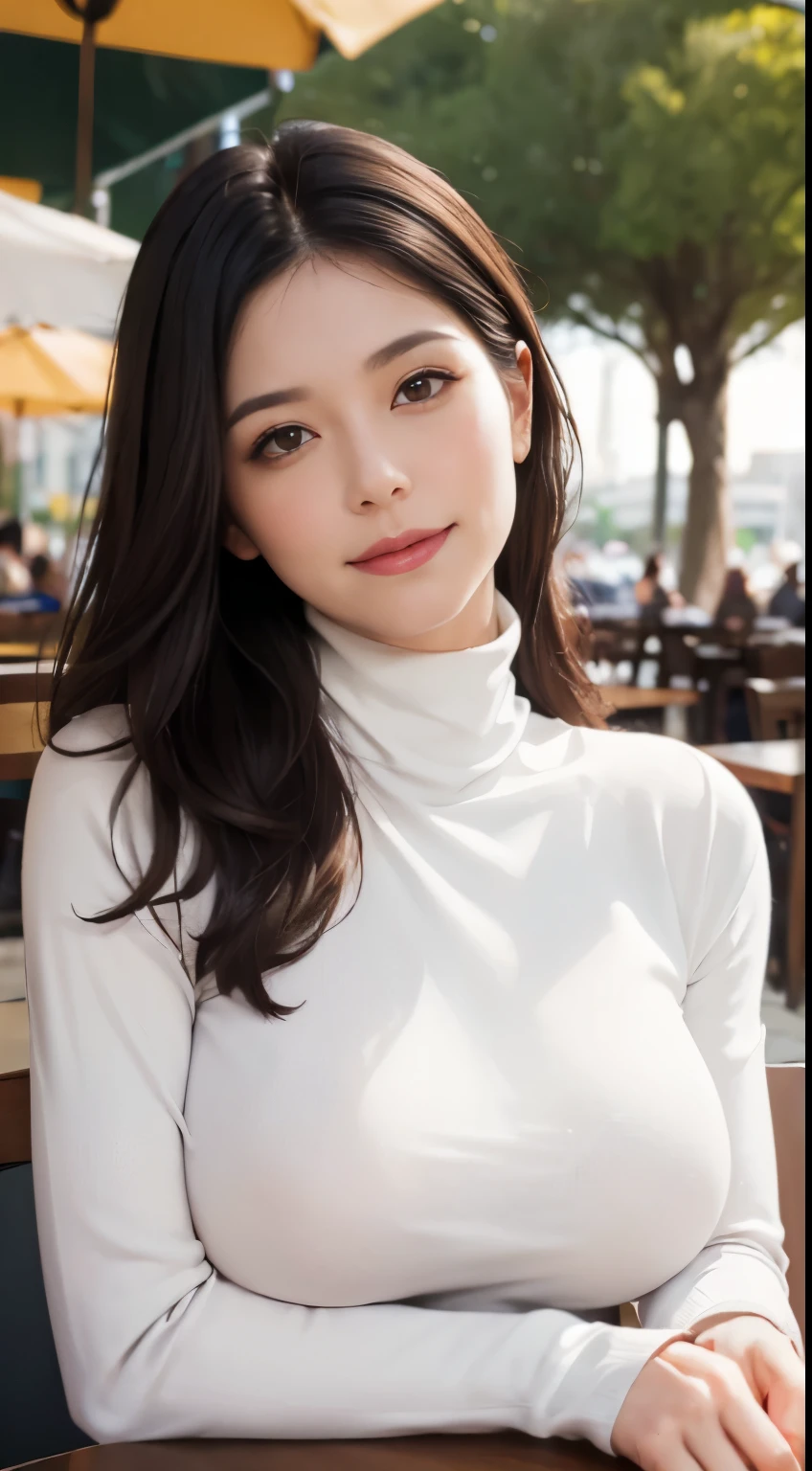 ((A mature woman sits in front of a café)),((turtleneck shirts:1.3)). 40k, Photography, Masterpiece, Best quality, dark grey background, ((Mature women, Wife, Mom, A MILF)), ((A plump chest)), Perfect face, perfect boobs, ((Breast-huge)), ((1 girl with brown eyes and gorgeous light black hair)). a Pretty Japanese woman,full soft breasts and white skin, ((very soft breasts)). Ultra-detailed face, Detailed eyes, Embarrassed, Smile, Summer, Daytime, (((Slave collar))), Half body, dated