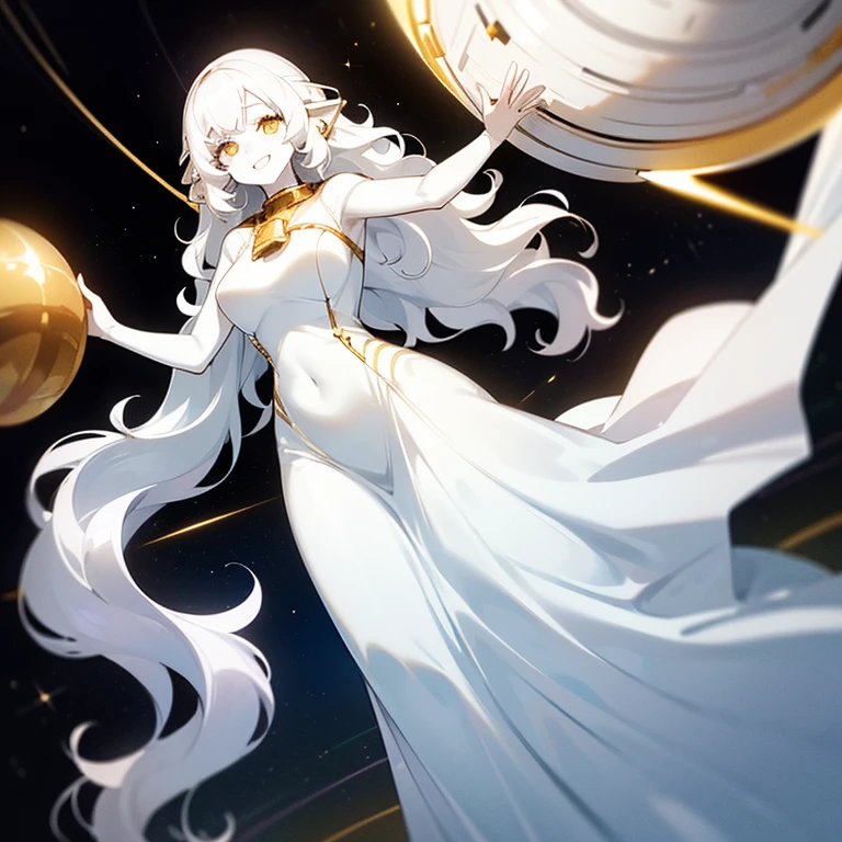 (((Alone woman))),(((White skin))),(((Wavy white hair))),(((golden eyes))),(body curves),(((sweet smile))) ,(((beautiful white long dress))),(((being in outer space)))