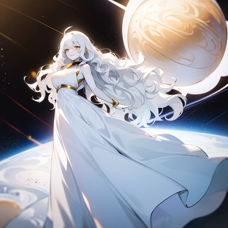 (((Alone woman))),(((White skin))),(((Wavy white hair))),(((golden eyes))),(body curves),(((sweet smile))) ,(((beautiful white long dress))),(((being in outer space)))