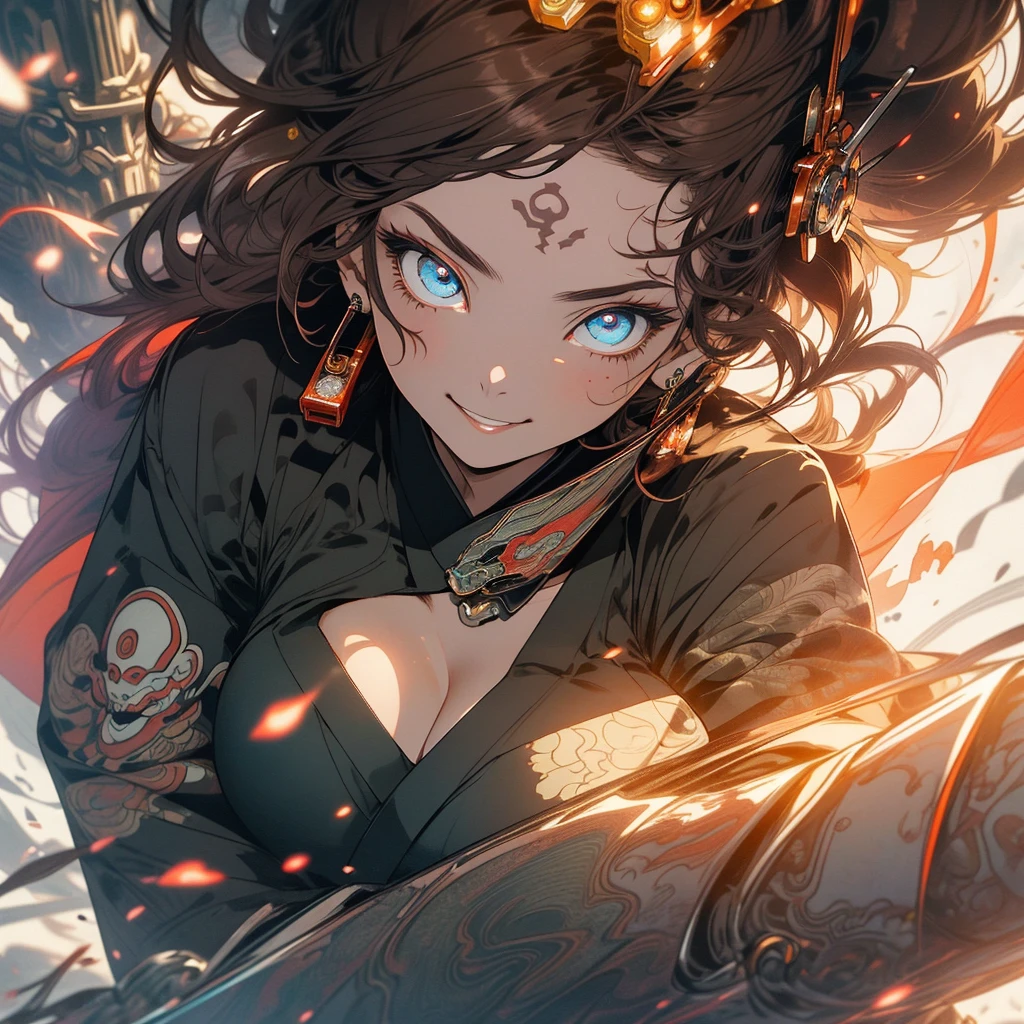 (((highest quality))),(((detailed eyes))),(((32k))),(1 girl),brown hair,(tattoo),(cyber punk),kimono,((Luxurious and gorgeous)),Shiny skin,earrings,flashy,((Super beautiful woman)),(perfect face),Japanese sword,ultimate texture,official art,Ukiyo-e,stylish,photograph,perfect body,smile,Bewitching,Highest image quality,distinct,real,fantasy,(Near the future),ninja,((perfect eyes)),big breasts,((cleavage)),highlight,挑発的なsmile,stick out tongue,split tongue,((mechanical)),Hannya mask,