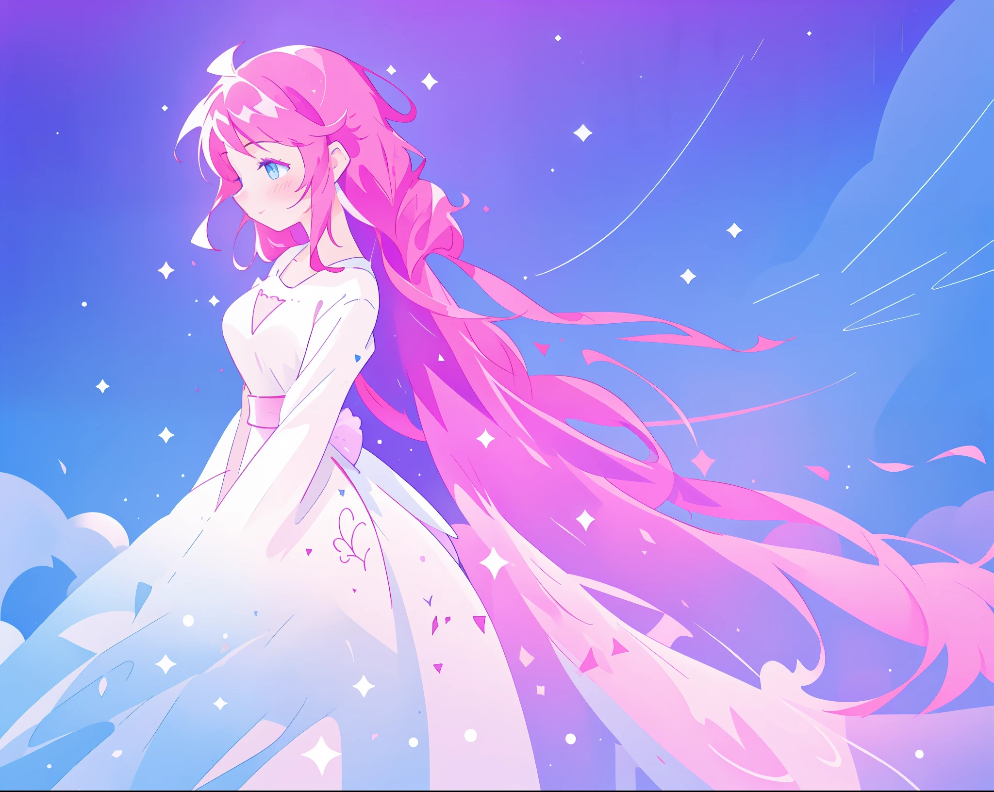 beautiful girl in sparkling multi-layer dress, long sparkling pink hair, fantasia background, watercolor illustration, inspired by Glen Keane, inspired by Lois van Baarle, disney art style, by Lois van Baarle, glowing aura around her, by Glen Keane, jen bartel, glowing lights! digital painting, flowing glowing hair, glowing flowing hair, beautiful digital illustration, fantasia otherworldly landscape plants flowers, beautiful, masterpiece, best quality, anime disney style