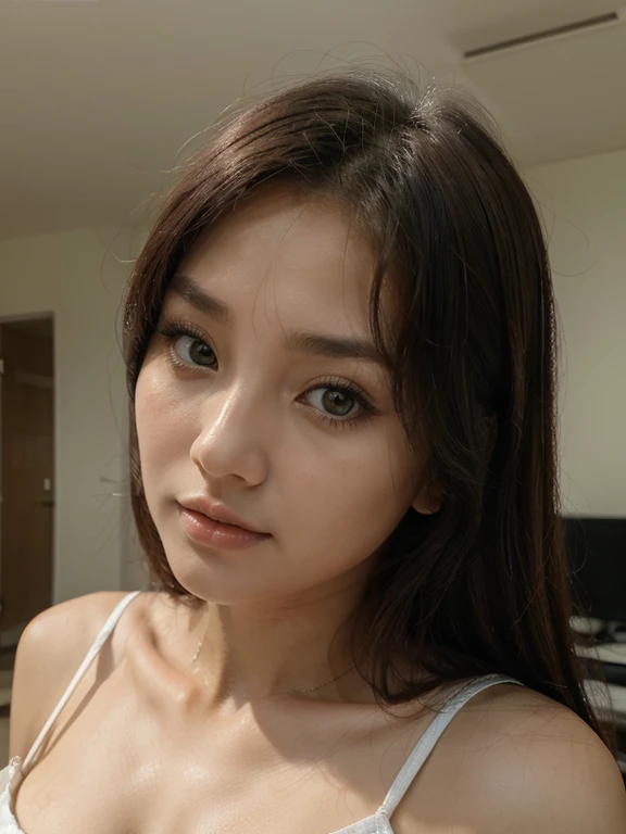 Beautiful woman 23 years old, combinacion entre coreana y rusa, ojos verdes, enfoncando solo el rostro.