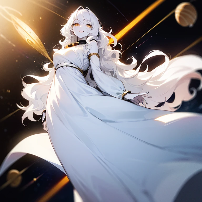 (((Alone woman))),(((White skin))),(((Wavy white hair))),(((golden eyes))),(body curves),(((sweet smile))) ,(((beautiful white long dress))),(((being in outer space)))
