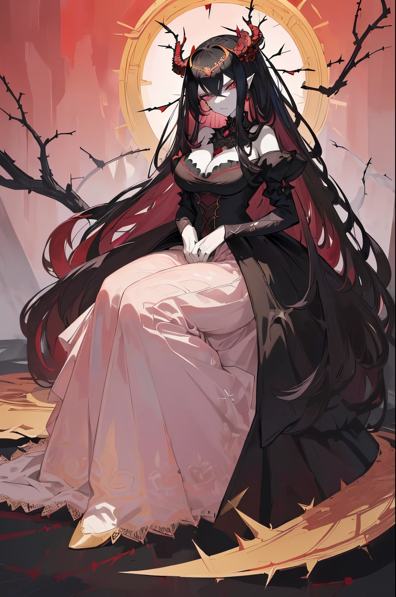 ((anime artstyle)),(Masterpiece),(Best Quality), (Super Detail),((Very Delicate and Beautiful)),((Solo)),((full body)),((1 arrogant demoness in black red and gold gorgeous full ball gown with voluminous fluffy skirt)),((BlingBling)),((arrogant)),(((stoic expression))),(Purple eyes),Sharp eyes, detailed face and eyes, jewel-like eyes,((Very Long voluminous black Hair)),Straight Hair,((Bangs between eyes)),((gorgeous full embroidery and lace)),gorgeous corsage, See-through, gorgeous full hair ornament, gorgeous gnarled crown of thorns, (((pale pink skin))), ((Plump breasts)), skindentation, ((full body)), ((hoop skirt, crinoline)), gorgeous full jewelry ornaments, Dynamic Angle, Looking at viewer, baroness of hell, throne of thorns, black briar, (((embroidery made of thorns, black red and gold gorgeous full ball gown with voluminous fluffy skirt))), (full body)