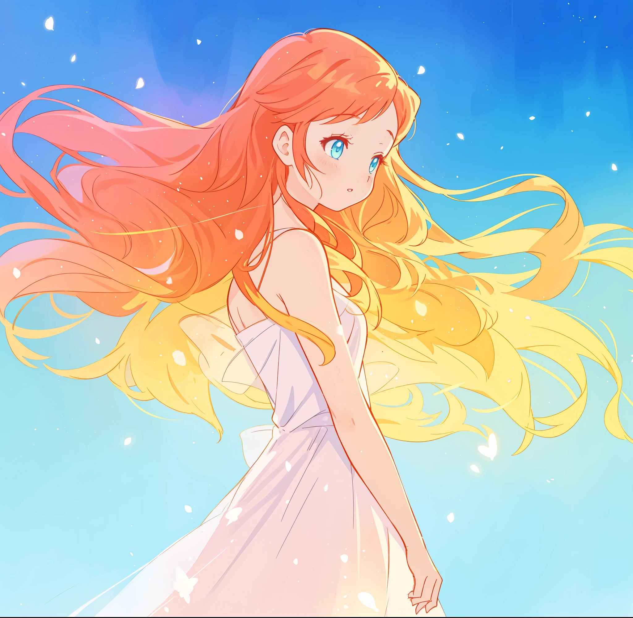 beautiful girl in white dress, fairy dress, long gold and red hair, watercolor illustration, inspired by Glen Keane, inspired by Lois van Baarle, disney art style, by Lois van Baarle, glowing aura around her, by Glen Keane, jen bartel, glowing lights! digital painting, flowing glowing hair, glowing flowing hair, beautiful digital illustration, fantasia otherworldly landscape plants flowers, beautiful, masterpiece, best quality, anime disney style