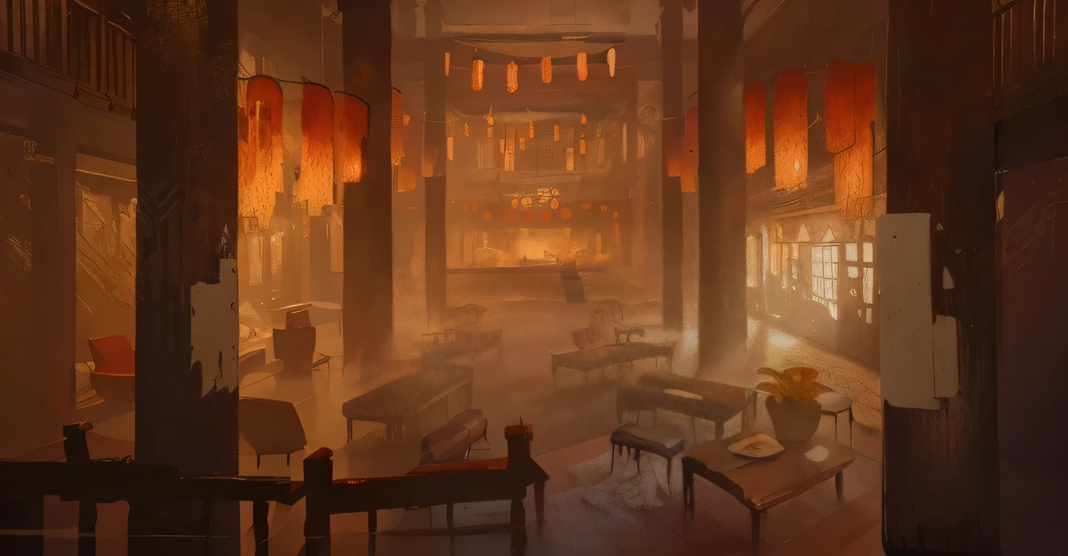 There is a painting of a room,Lots of furniture inside, dramatic lighting. concept art, concept art stunning atmosphere, relaxing concept art, detailed textures and lighting, Detailed lighting and textures, Beautiful renderings of the Tang Dynasty, concept art , highly rendered, disco elysium concept art, concept art for a video game, Cyberpunk Chinese Ancient Castle, environment design