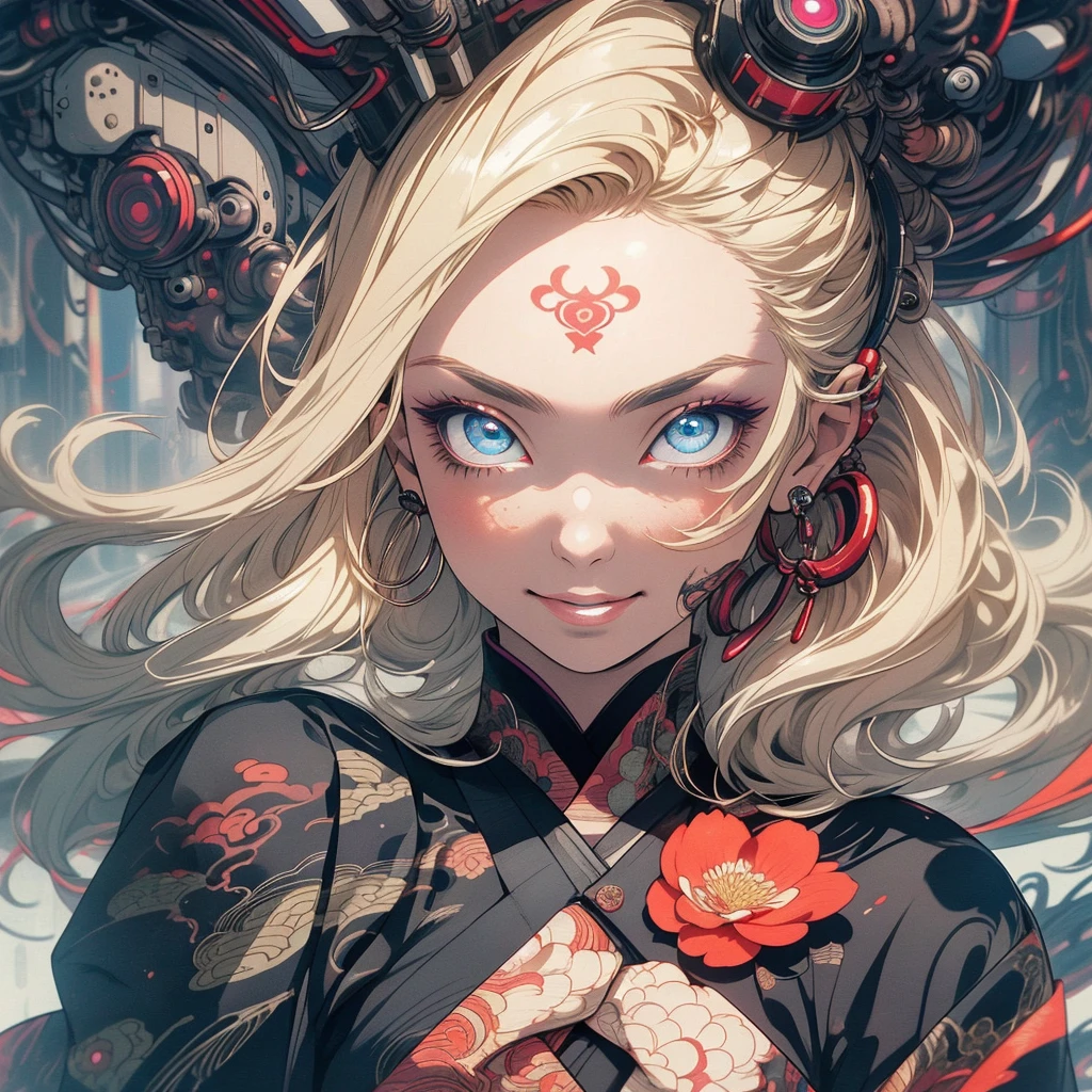 (((highest quality))),(((detailed eyes))),(((32k))),(1 girl),blonde,(tattoo),(cyber punk),kimono,((Luxurious and gorgeous)),Shiny skin,earrings,flashy,((Super beautiful woman)),(perfect face),Japanese sword,ultimate texture,official art,Ukiyo-e,stylish,photograph,perfect body,smile,Bewitching,Highest image quality,distinct,real,fantasy,(Near the future),ninja,((perfect eyes)),big breasts,((cleavage)),highlight,挑発的なsmile,stick out tongue,split tongue,((mechanical)),Hannya mask,