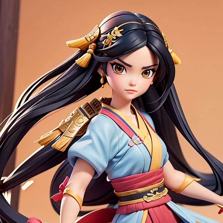 Mulan, Manga, ilustracion, joven cabello largo, color de pelo negro, espada.