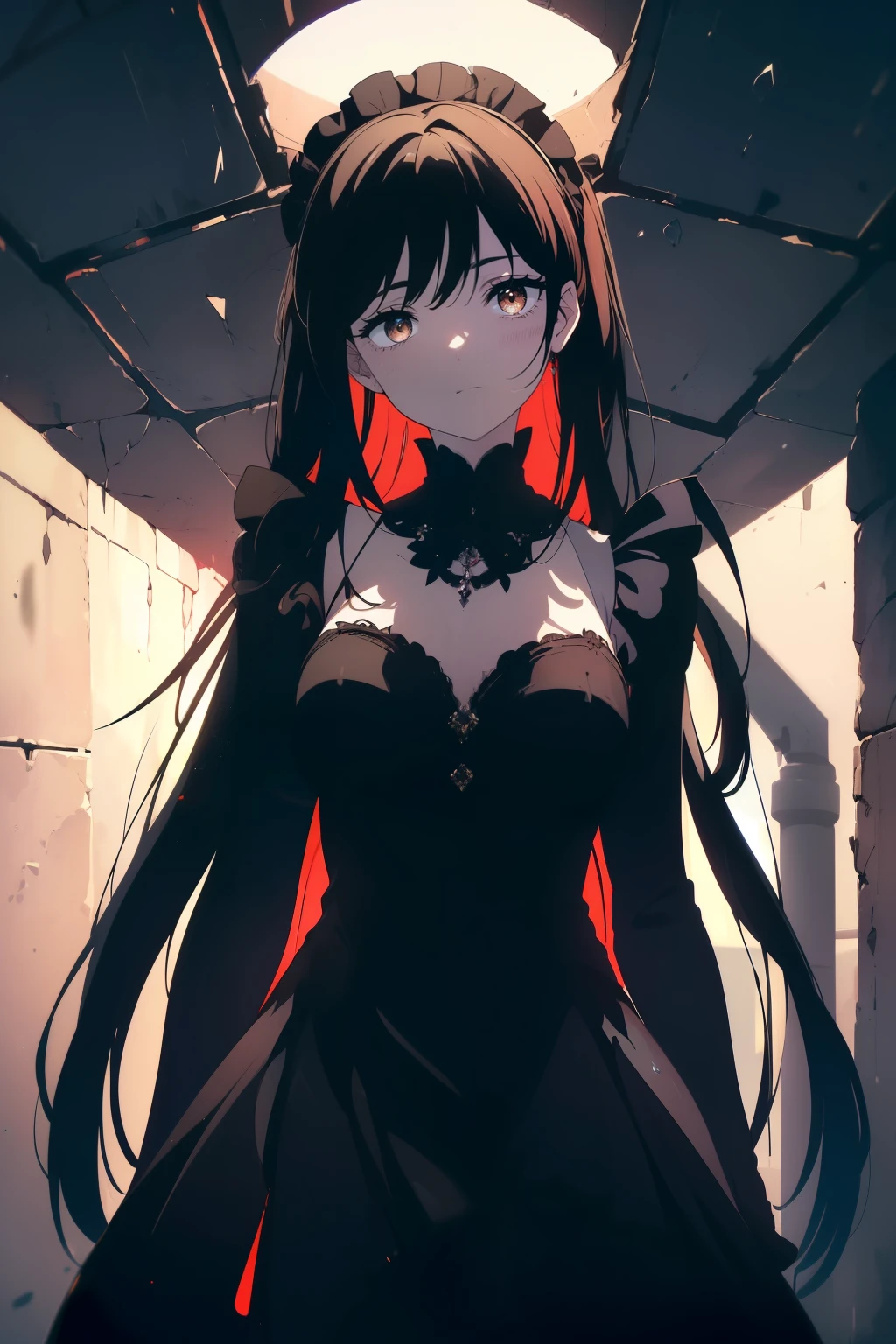 ((((Obra maestra, La mejor calidad, ultrahigh resolution)))), 1girl, standing, (cute maid costume), ((long black hair, black hair over eye)), long hair cut, pale skin, ((brown eyes)), glowing_eyes, neon eyes, (ultra detailed eyes:0.7, beautiful and detailed face, detailed eyes:0.9), ((centered)), smile, ((wide shot)), facing viewer, ((vibrant background, bright lighting, summer, sunlight)), flat chested, looking at viewer, ((half closed eyes)), ((perfect hands)), (((head:1, arms, hips in view, elbows, arms, legs, in view))), ((hands behind back)), empty eyes, beautiful lighting, ((outside, outdoors)), defined subject, head tilt, (((gritty)), ((creepy)), ((cool)), ((beautiful)), (((SFW)))