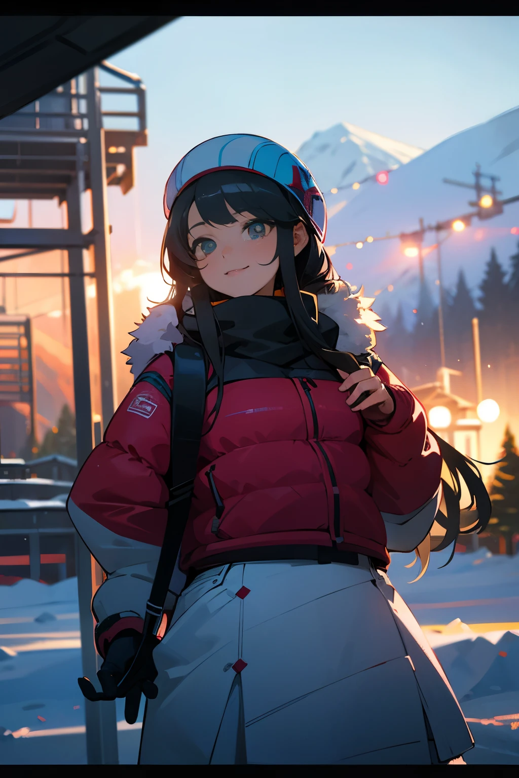 (8k, RAW photo, best quality, masterpiece:1.2), (super fine illustration),shiny skin,detailed skin,detailed face and eyes,an extremely cute and beautiful girl,20 years old ,beautiful face, (extremely detailed 8k wallpaper), sharp focus,(cowboy shot:1.3), depth of field, (blur background, bokeh:1.2), cinematic lighting, soft light, dynamic pose ,long hair and black hair, (ski wear ), smile , ("A ski resort with snow-covered mountains and a clear blue sky. Ski lifts extend into the distance, with snow-covered trees scattered around.:1.3)