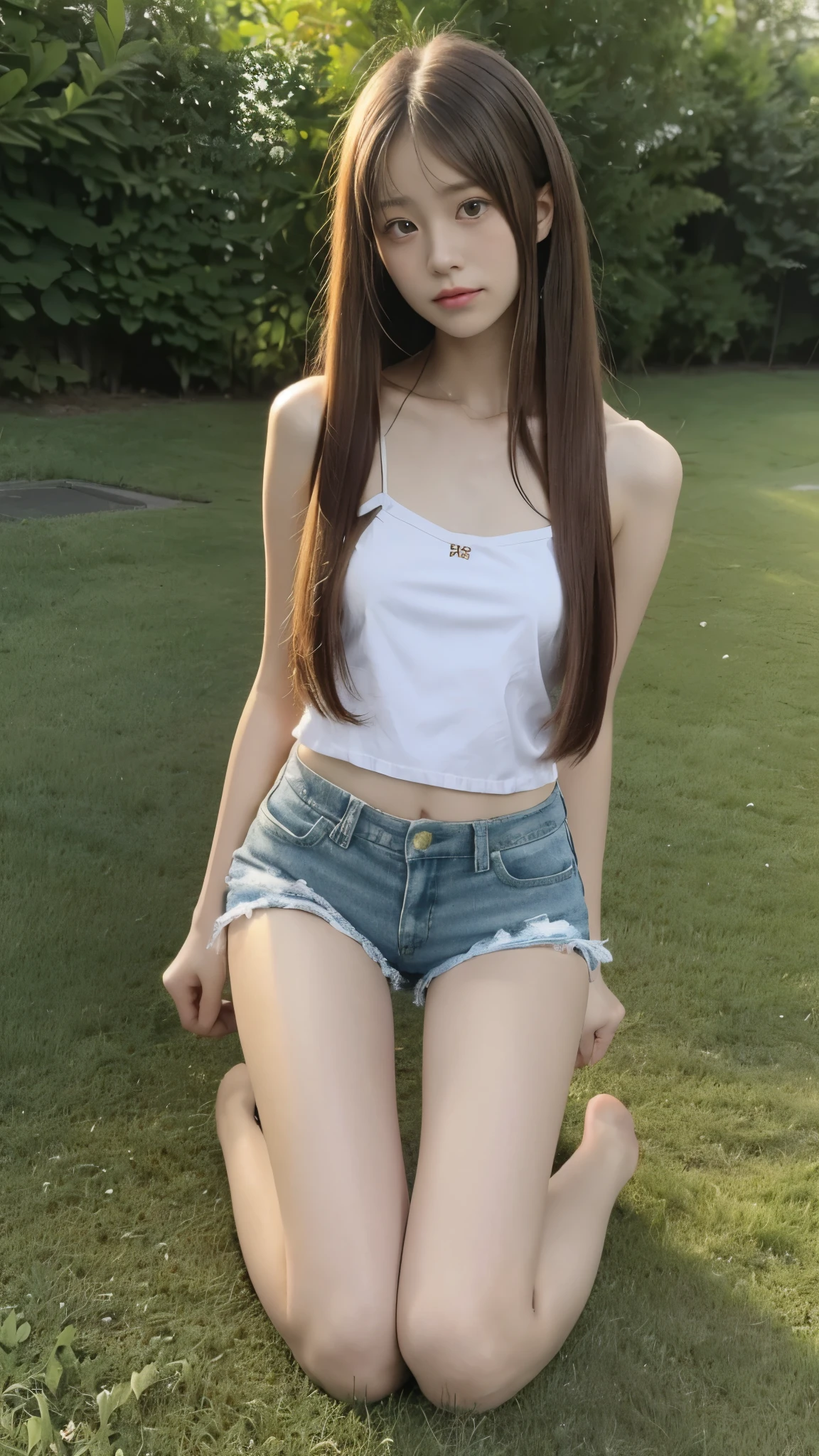 masutepiece, Best Quality, in 8K、Japanese ido、(15 year old girl:1.5)、(Embarrassed look:1.3) 、(Camisole and shorts:1.5)、(Sit on both knees:1.6)、(Smaller chest)、(Smooth straight hair:1.7)、Very white skin、Letting down your bangs、Detailed body、Detailed hand、No makeup